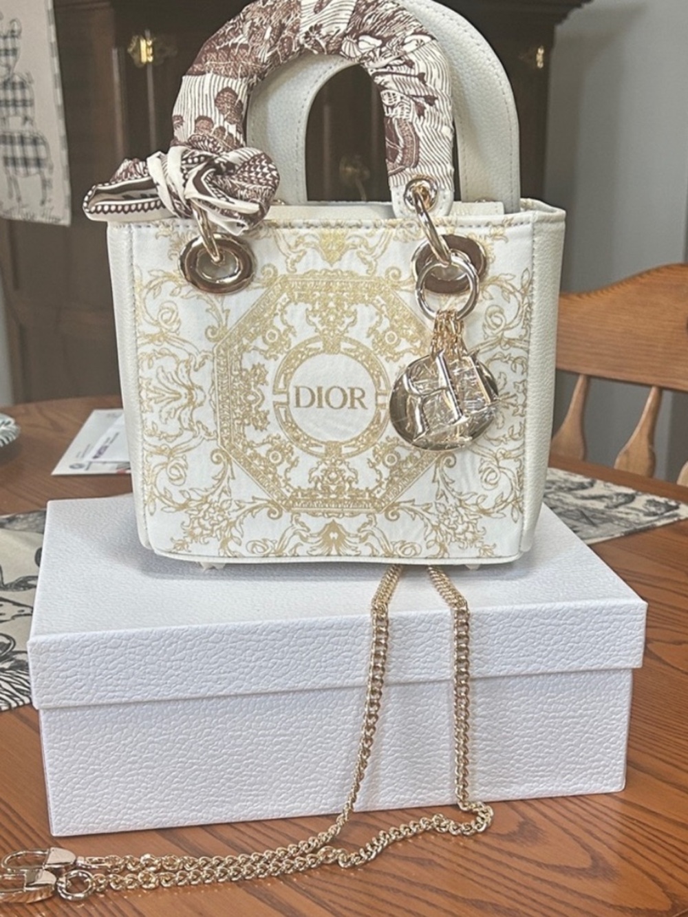 Dior Beauty Lady Dior Mini Bag, white and gold baroque print